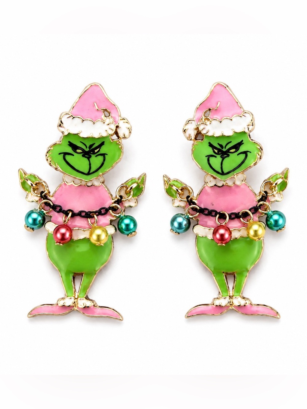 Grinch Who Stole Christmas Pearl Lights Pink Santa Claus Hat Enamel 2" Earrings